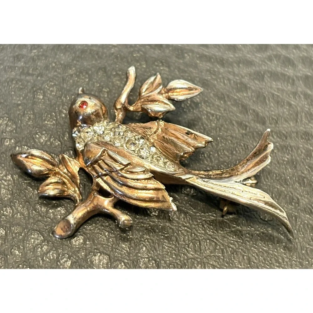 Whimsical Vintage Sterling Silver Brooch Bird On Branch 40's Brooch Pin